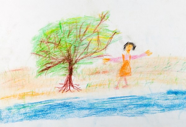 childs drawing - merry girl near river in garden